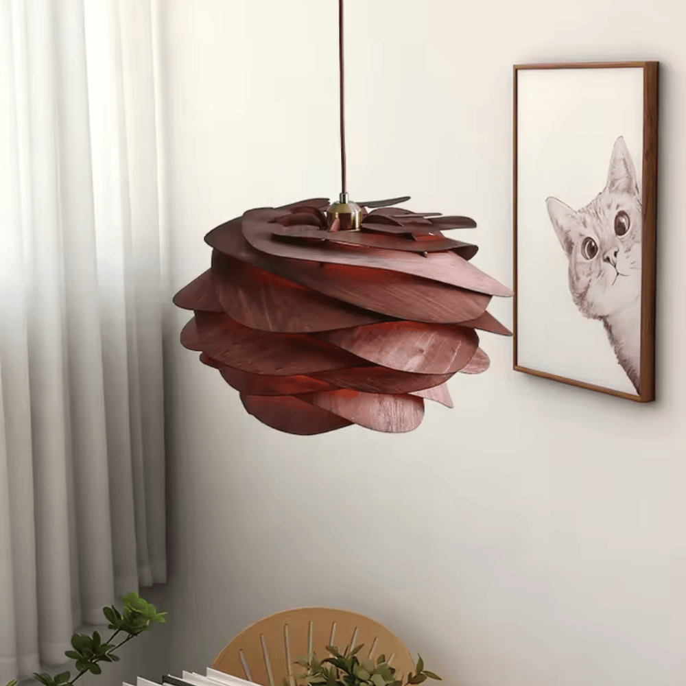 Wabi-Sabi Wooden Petal Pendant Light, E27 Warm LED Hanging Lamp for Dining Room and Bedroom
