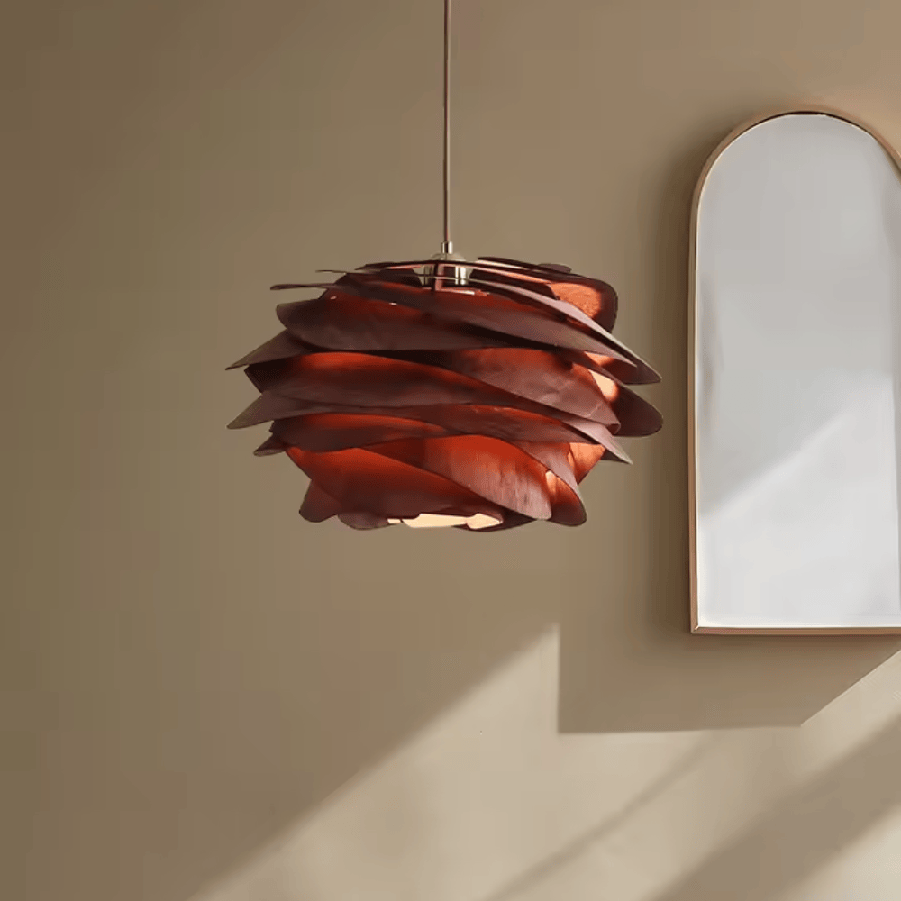 Wabi-Sabi Wooden Petal Pendant Light, E27 Warm LED Hanging Lamp for Dining Room and Bedroom