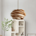 Wabi-Sabi Wooden Petal Pendant Light, E27 Warm LED Hanging Lamp for Dining Room and Bedroom