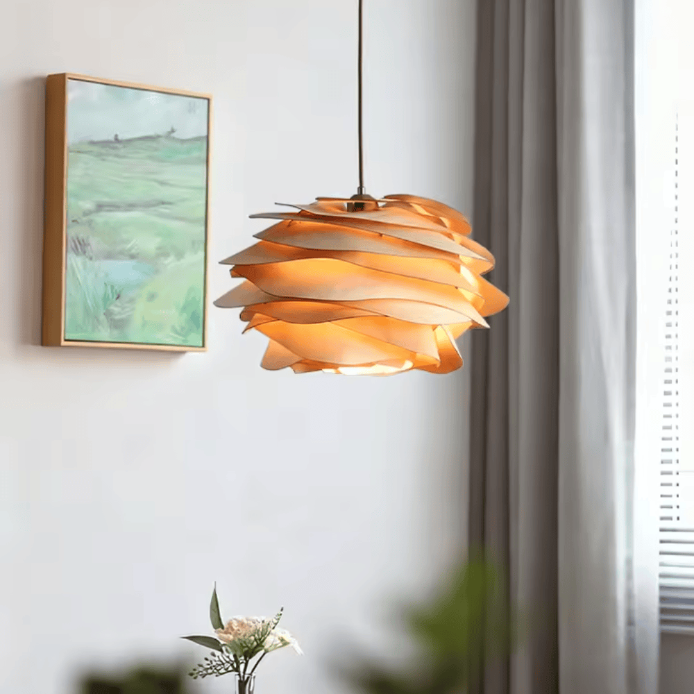 Wabi-Sabi Wooden Petal Pendant Light, E27 Warm LED Hanging Lamp for Dining Room and Bedroom