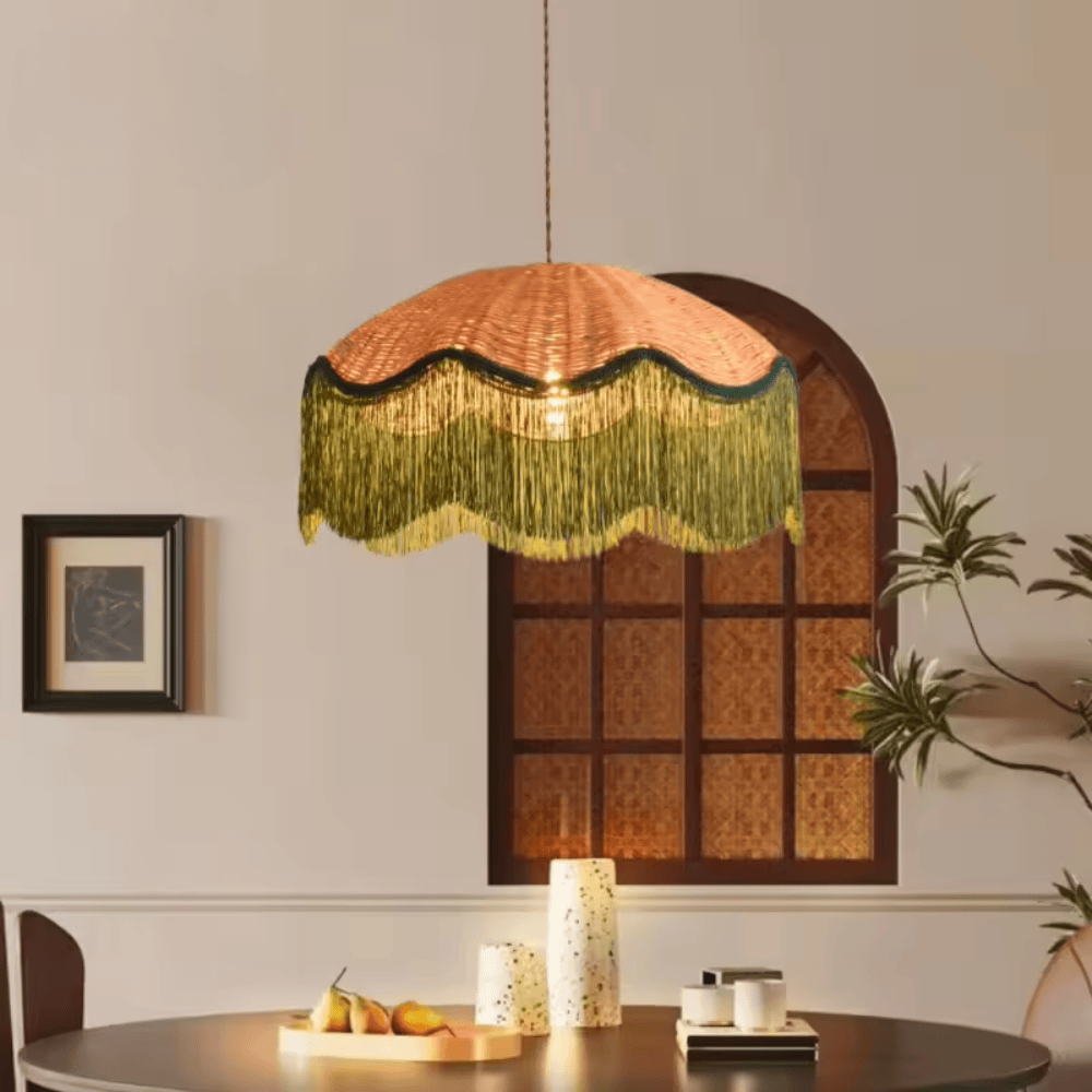 Bohemian Rattan Tassel Pendant Light, Hand-Woven Wicker Hanging Lamp for Bedroom and Dining Room (40/50/60cm)