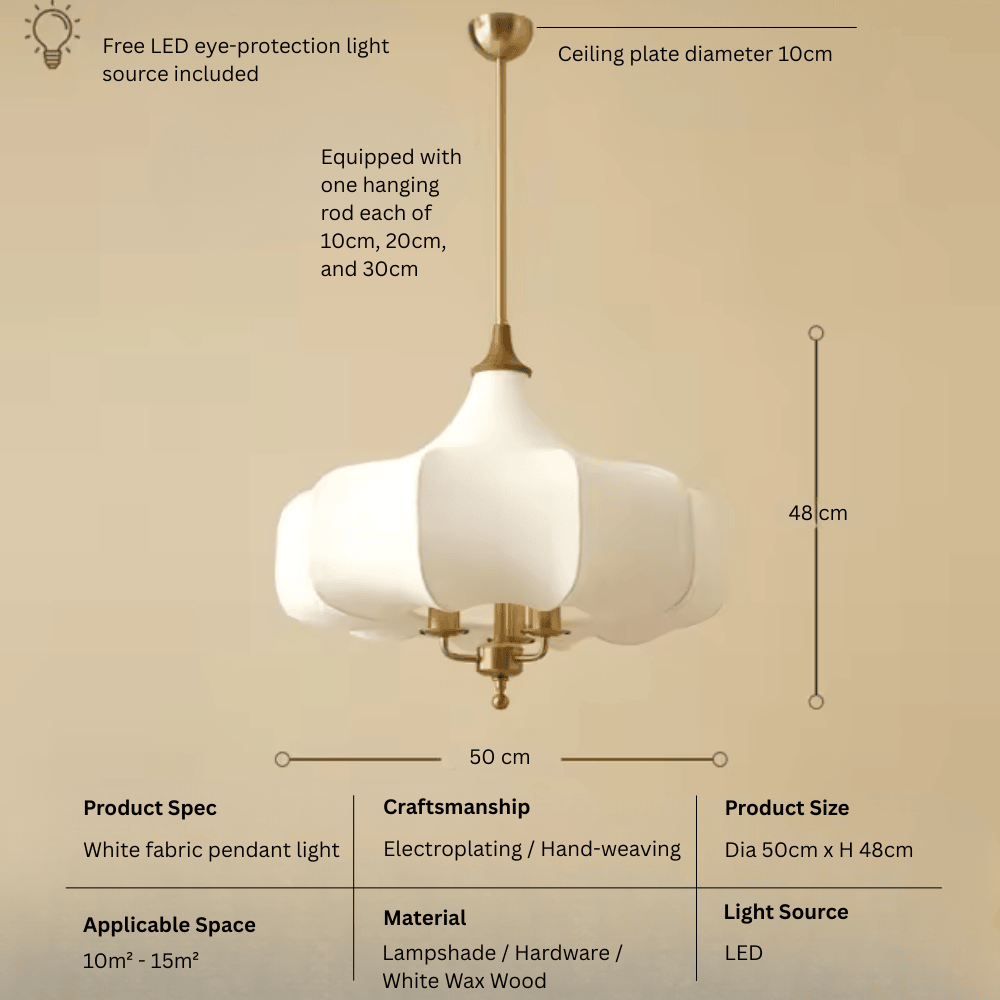 French Vintage Fabric Pendant Light, E27 LED Decorative Hanging Lamp for Living Room and Bedroom (50cm/60cm)
