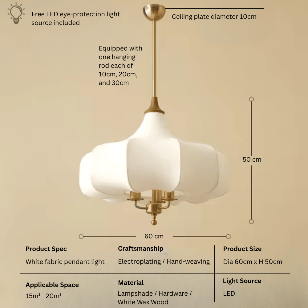 French Vintage Fabric Pendant Light, E27 LED Decorative Hanging Lamp for Living Room and Bedroom (50cm/60cm)