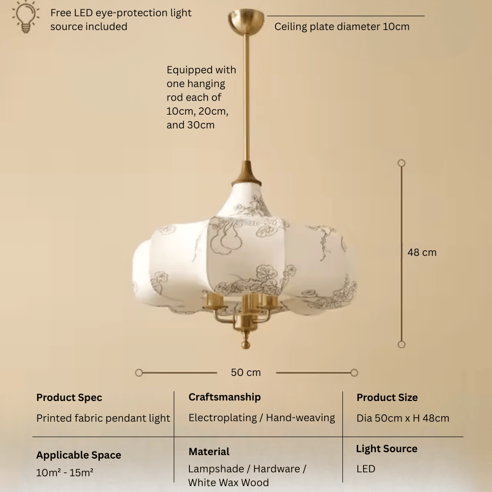 French Vintage Fabric Pendant Light, E27 LED Decorative Hanging Lamp for Living Room and Bedroom (50cm/60cm)
