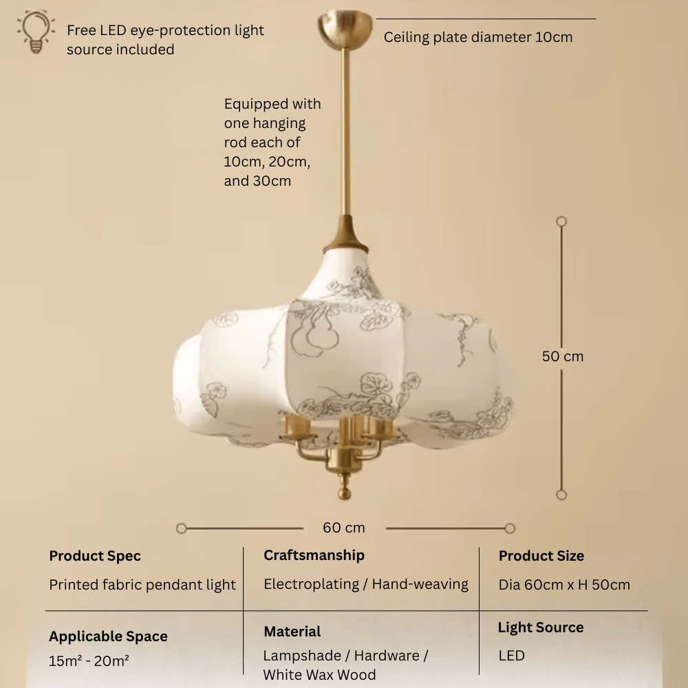 French Vintage Fabric Pendant Light, E27 LED Decorative Hanging Lamp for Living Room and Bedroom (50cm/60cm)
