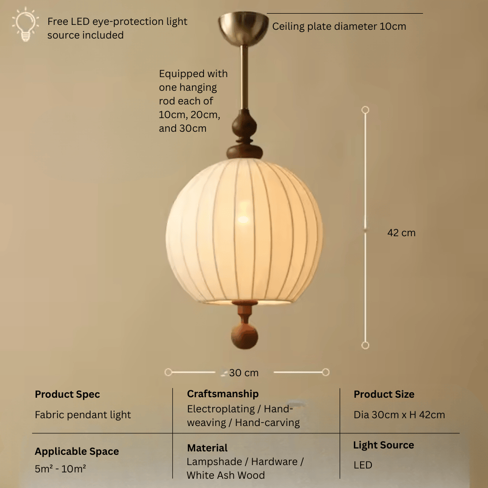 Vintage Fabric Art Pendant Light, E27 LED Zen Hanging Lamp for Bedroom and Tea Room (Multiple Sizes)