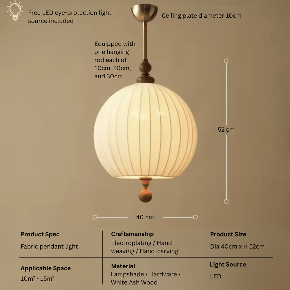 Vintage Fabric Art Pendant Light, E27 LED Zen Hanging Lamp for Bedroom and Tea Room (Multiple Sizes)