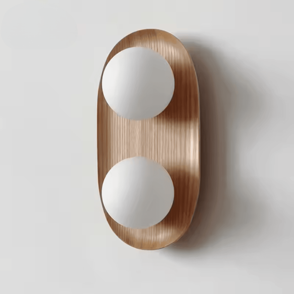Cream Solid Wood Double-Head Wall Lamp, Minimalist Frosted Glass Globe Sconce for Living Room and Bedroom