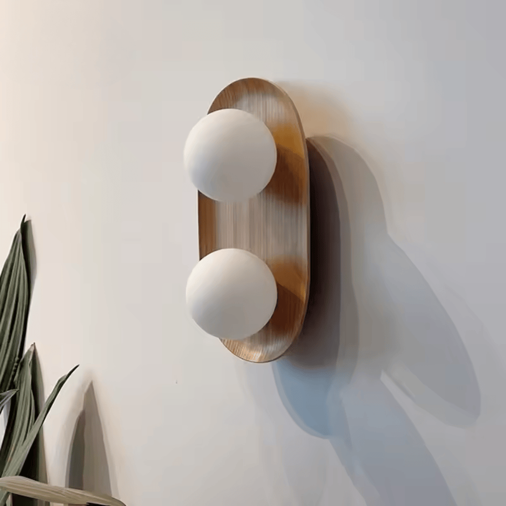 Cream Solid Wood Double-Head Wall Lamp, Minimalist Frosted Glass Globe Sconce for Living Room and Bedroom