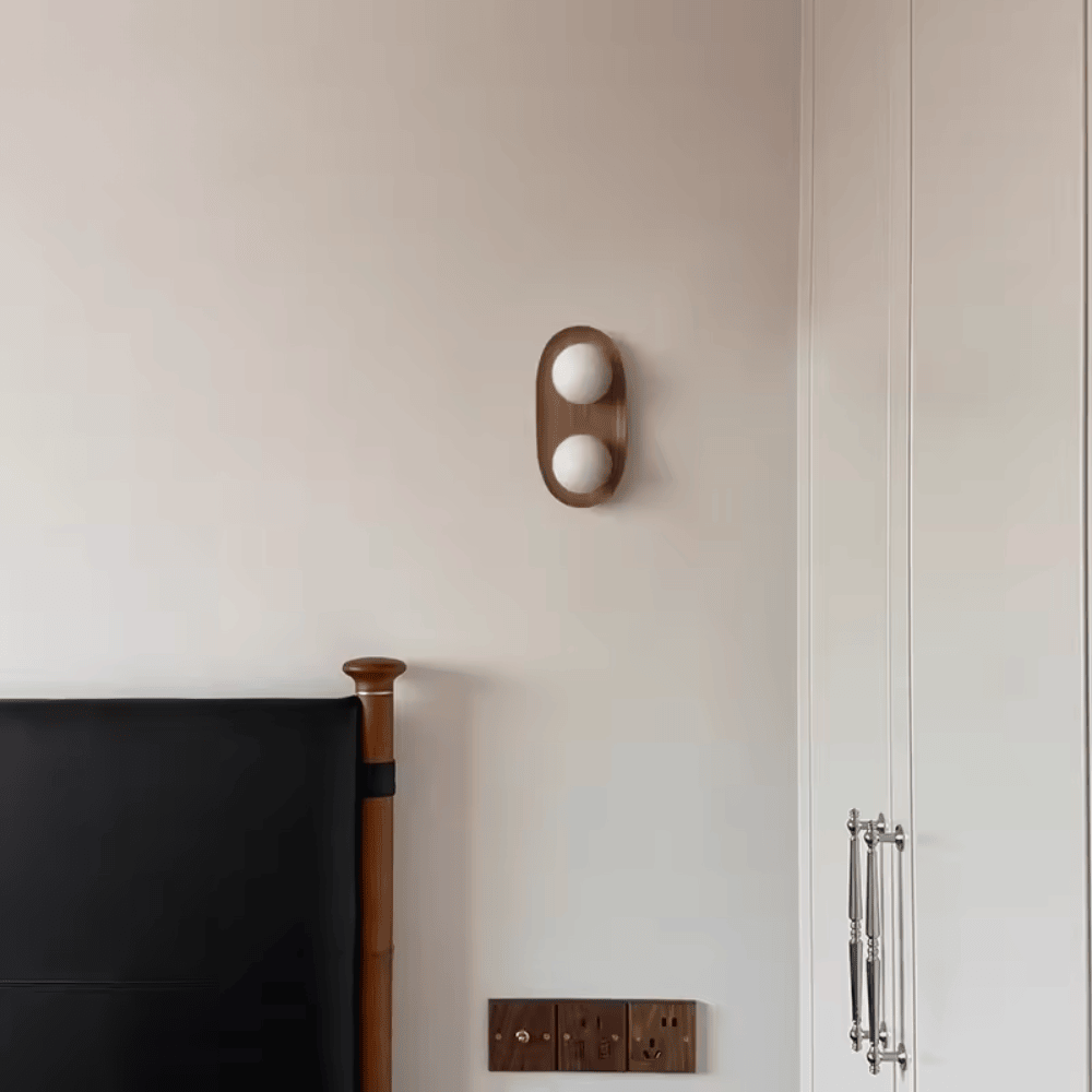 Cream Solid Wood Double-Head Wall Lamp, Minimalist Frosted Glass Globe Sconce for Living Room and Bedroom