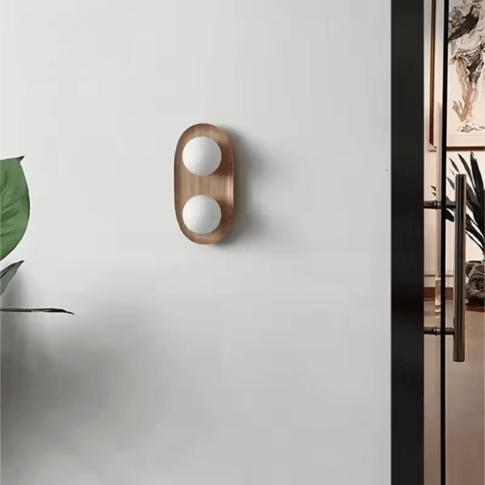 Cream Solid Wood Double-Head Wall Lamp, Minimalist Frosted Glass Globe Sconce for Living Room and Bedroom
