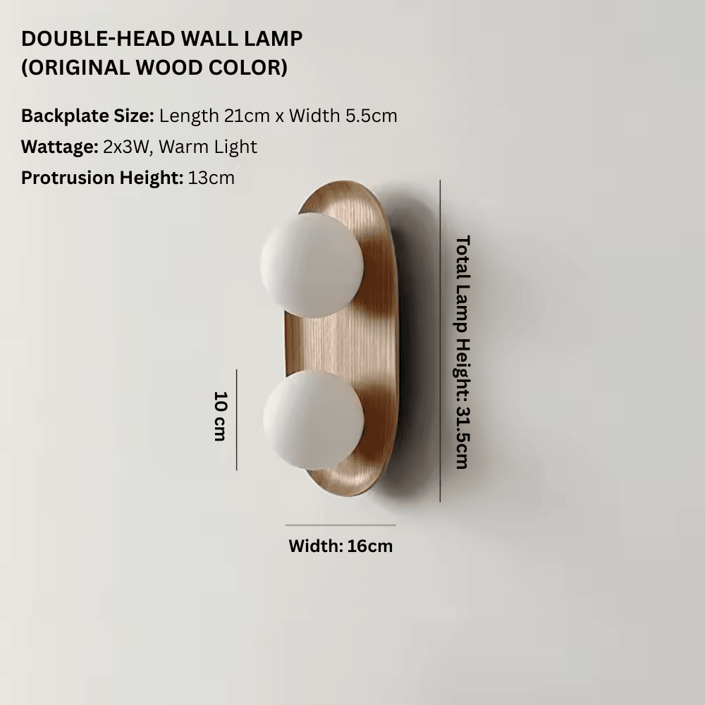Cream Solid Wood Double-Head Wall Lamp, Minimalist Frosted Glass Globe Sconce for Living Room and Bedroom