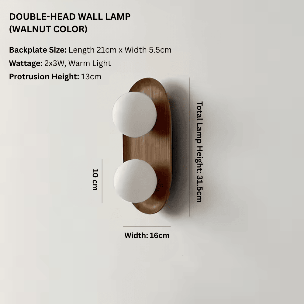 Cream Solid Wood Double-Head Wall Lamp, Minimalist Frosted Glass Globe Sconce for Living Room and Bedroom