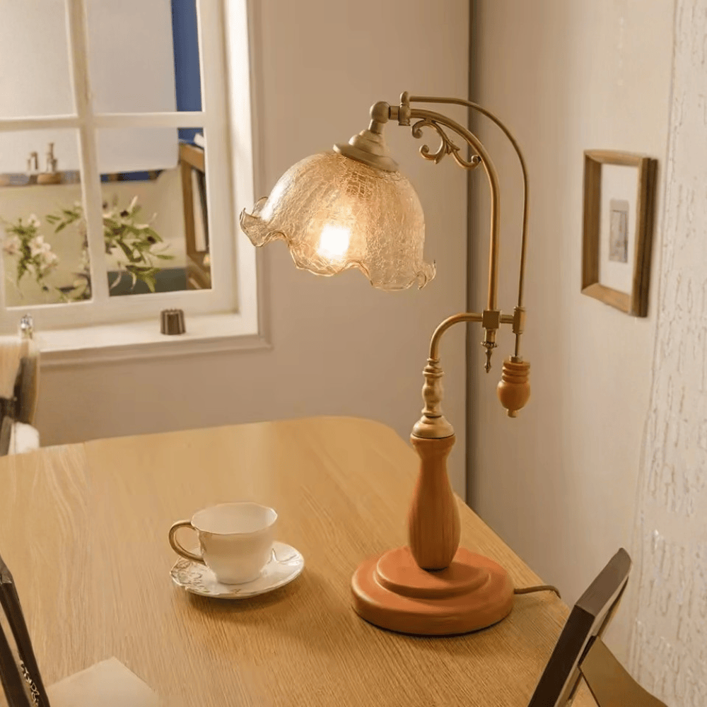 French Classical Vintage Desk Lamp, E27 Wood Base Glass Table Light for Bedroom and Study