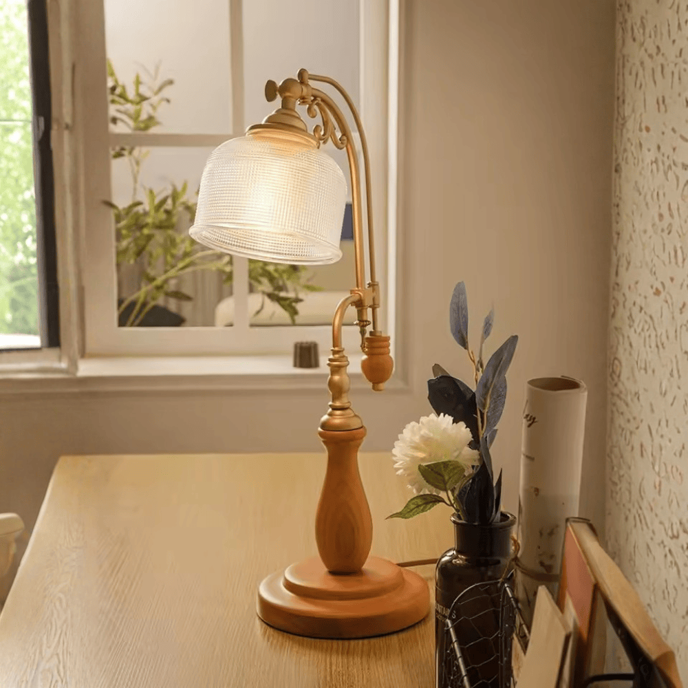 French Classical Vintage Desk Lamp, E27 Wood Base Glass Table Light for Bedroom and Study
