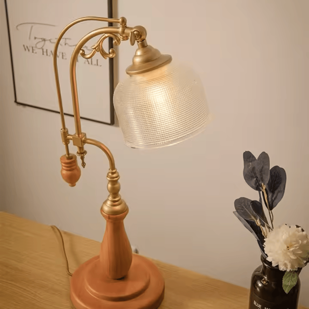 French Classical Vintage Desk Lamp, E27 Wood Base Glass Table Light for Bedroom and Study