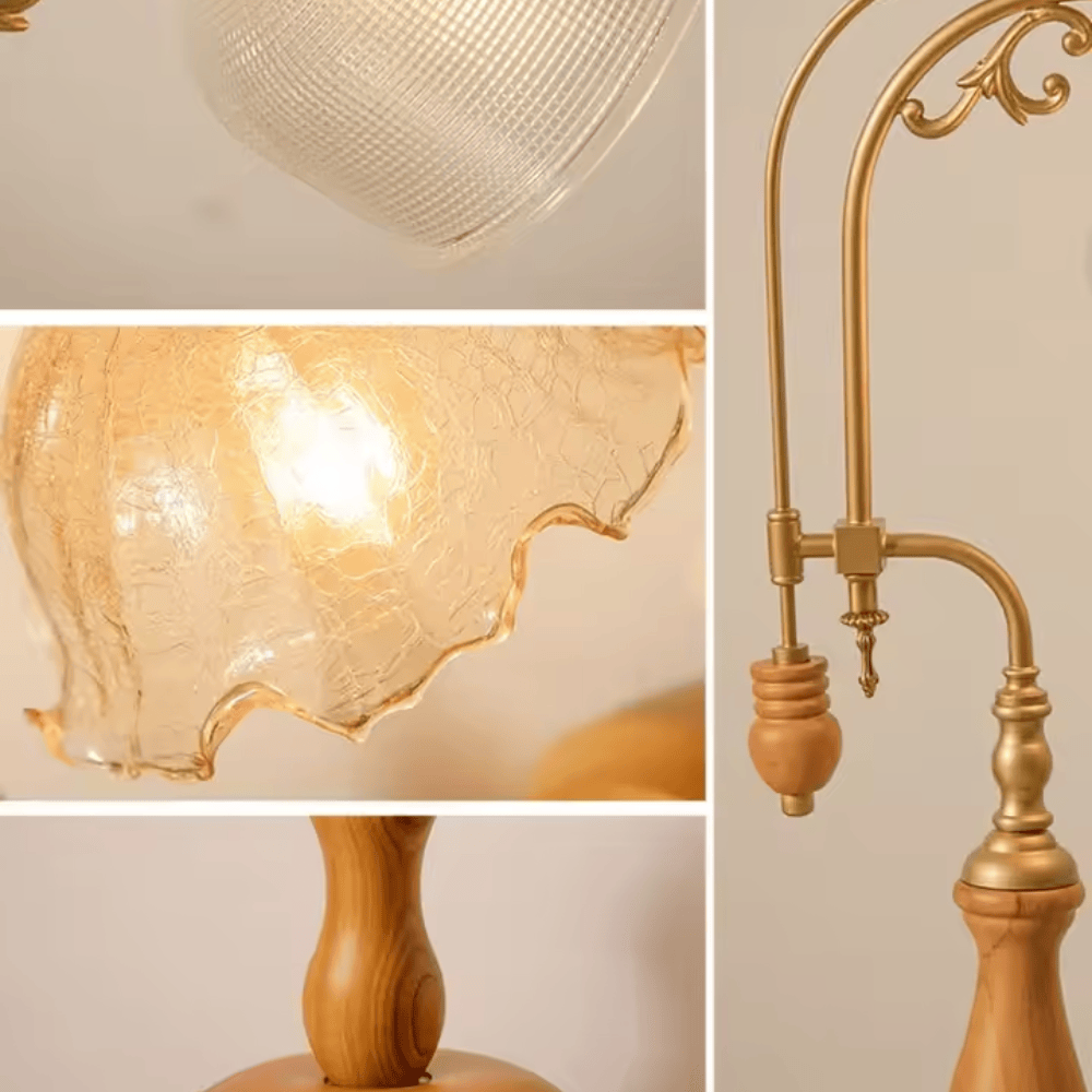 French Classical Vintage Desk Lamp, E27 Wood Base Glass Table Light for Bedroom and Study