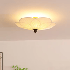French Retro Plum Blossom Ceiling Lamp, E27 Wood and Fabric Flush Mount Light Fixture for Bedroom and Living Room