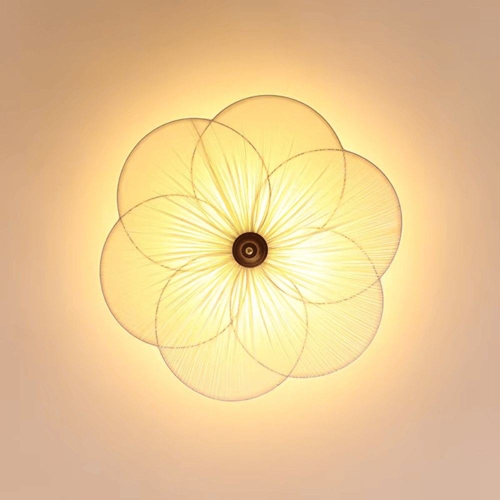 French Retro Plum Blossom Ceiling Lamp, E27 Wood and Fabric Flush Mount Light Fixture for Bedroom and Living Room