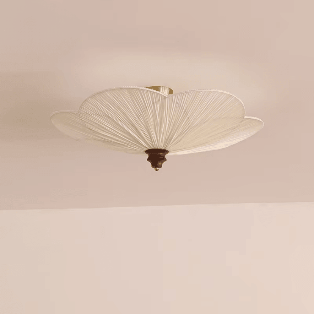 French Retro Plum Blossom Ceiling Lamp, E27 Wood and Fabric Flush Mount Light Fixture for Bedroom and Living Room