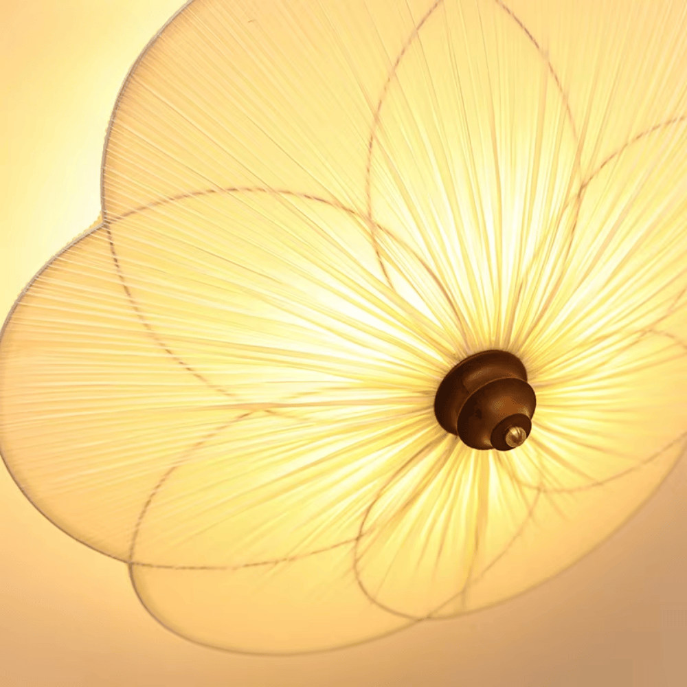 French Retro Plum Blossom Ceiling Lamp, E27 Wood and Fabric Flush Mount Light Fixture for Bedroom and Living Room