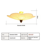 French Retro Plum Blossom Ceiling Lamp, E27 Wood and Fabric Flush Mount Light Fixture for Bedroom and Living Room