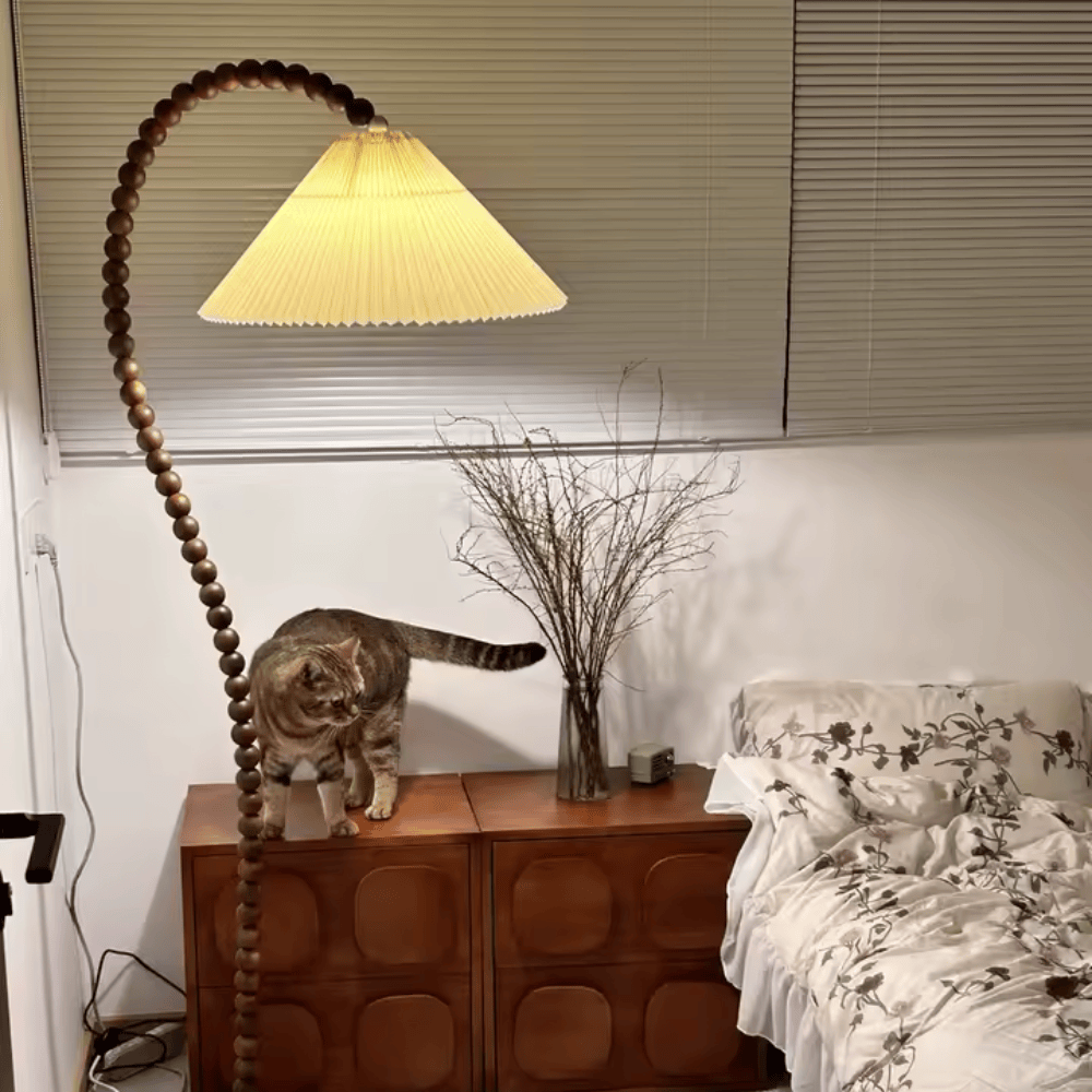 French Retro Solid Wood Beaded Floor Lamp – Vintage Arch & Fishing Standing Light for Living Room & Bedroom