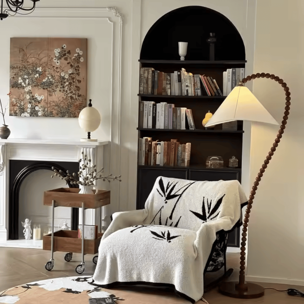 French Retro Solid Wood Beaded Floor Lamp – Vintage Arch & Fishing Standing Light for Living Room & Bedroom