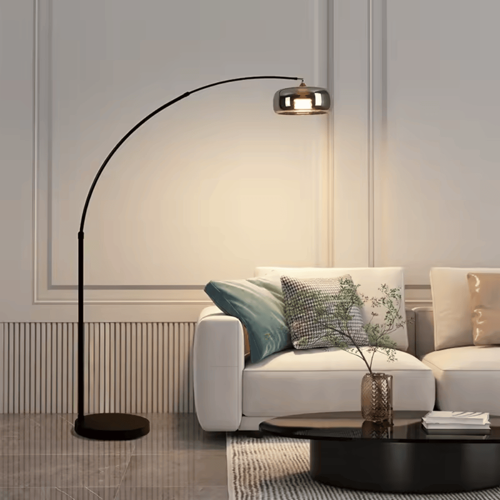 Italian Luxury Glass Fishing Floor Lamp – Modern Arch Standing Light with Smoke Gray Shade for Living Room & Bedroom