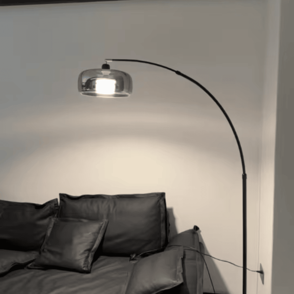 Italian Luxury Glass Fishing Floor Lamp – Modern Arch Standing Light with Smoke Gray Shade for Living Room & Bedroom