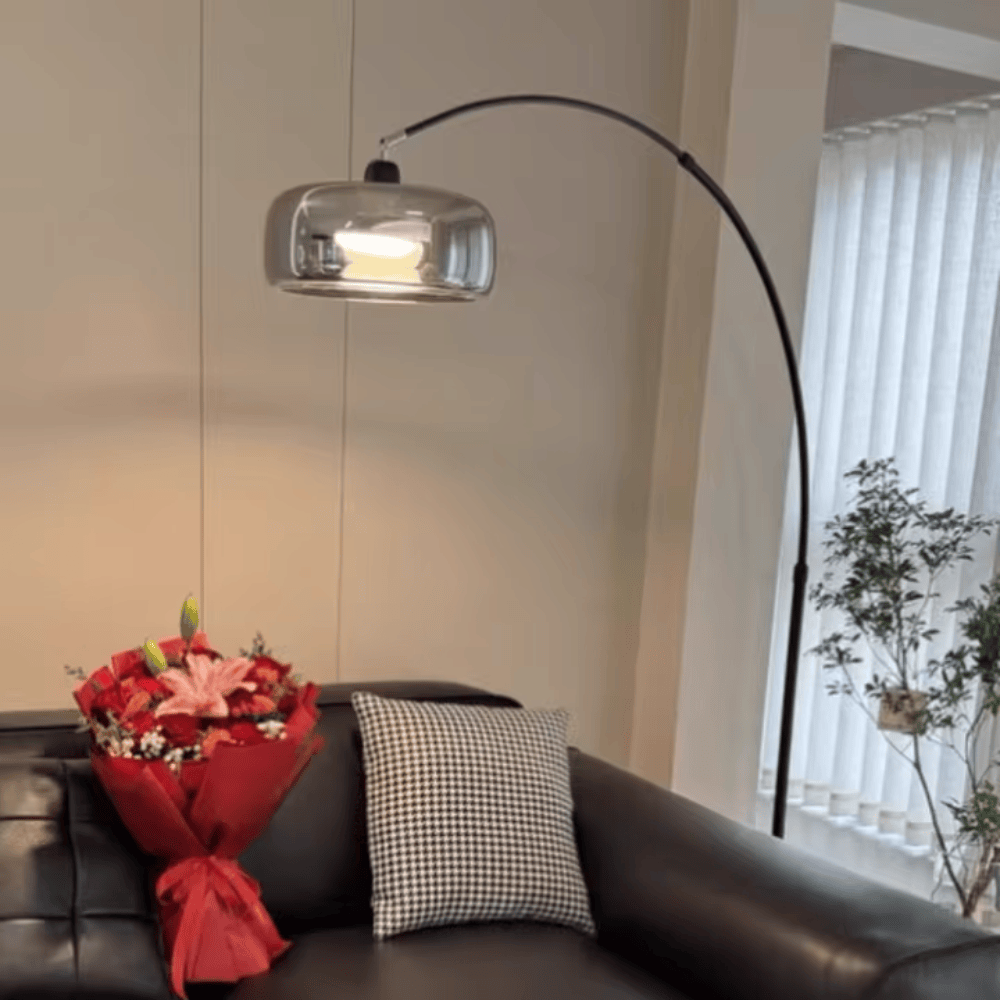 Italian Luxury Glass Fishing Floor Lamp – Modern Arch Standing Light with Smoke Gray Shade for Living Room & Bedroom