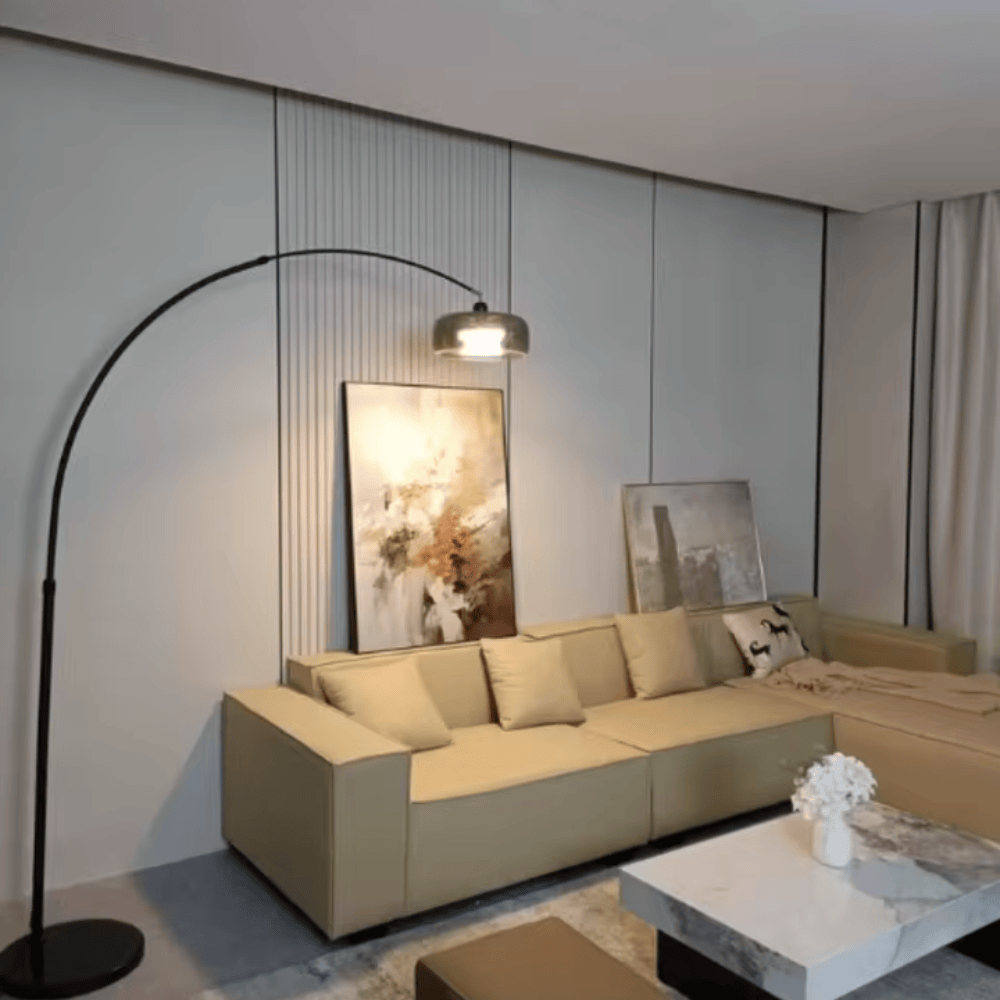 Italian Luxury Glass Fishing Floor Lamp – Modern Arch Standing Light with Smoke Gray Shade for Living Room & Bedroom