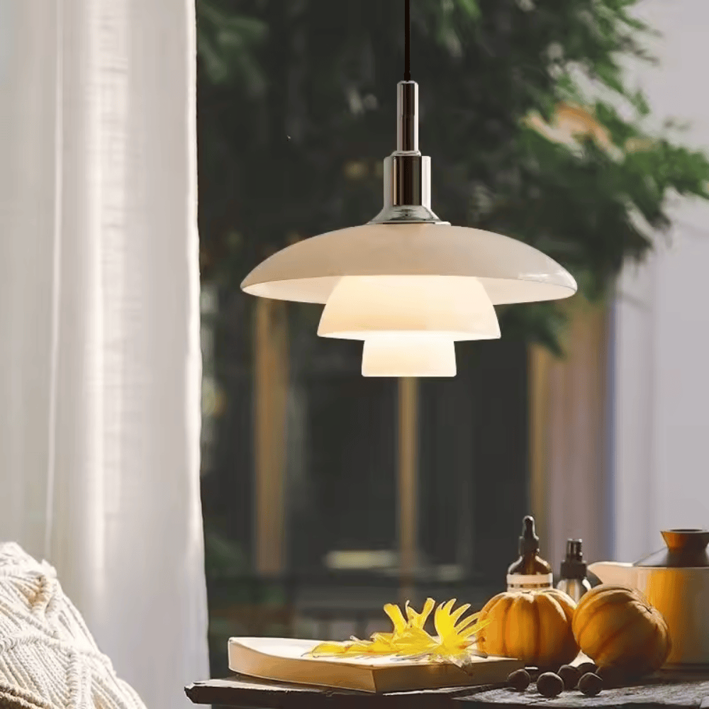 Danish Designer Dish Glass Pendant Light – Three-Layer Art Deco Hanging Fixture for Bedrooms & Hotels
