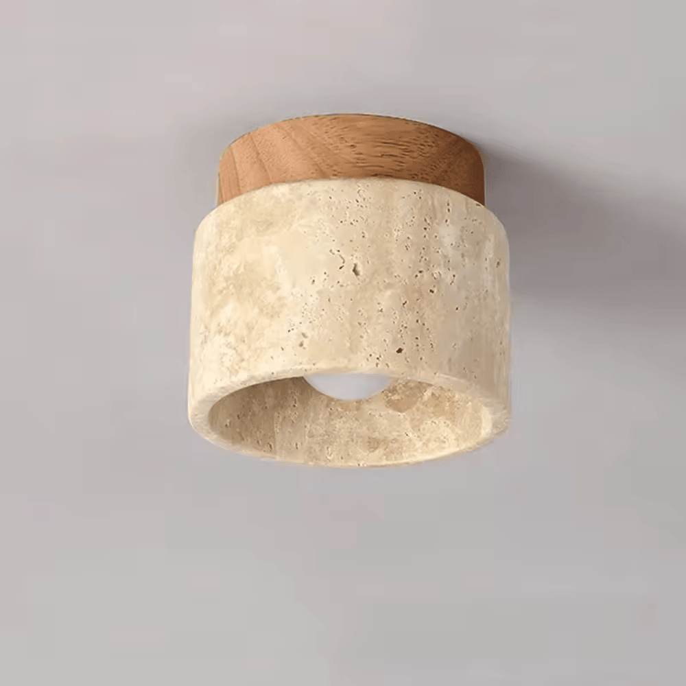Yellow Travertine Ceiling Light – Japanese Wabi-Sabi Wood & Marble Downlight for Foyer, Balcony & Corridor