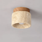 Yellow Travertine Ceiling Light – Japanese Wabi-Sabi Wood & Marble Downlight for Foyer, Balcony & Corridor