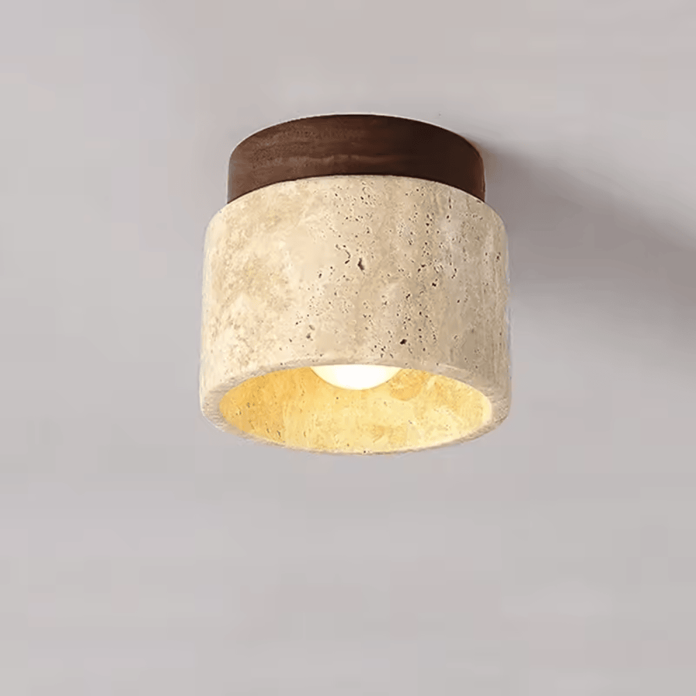 Yellow Travertine Ceiling Light – Japanese Wabi-Sabi Wood & Marble Downlight for Foyer, Balcony & Corridor