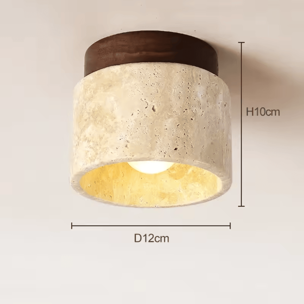 Yellow Travertine Ceiling Light – Japanese Wabi-Sabi Wood & Marble Downlight for Foyer, Balcony & Corridor