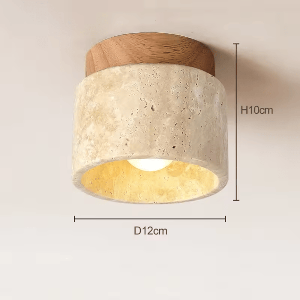 Yellow Travertine Ceiling Light – Japanese Wabi-Sabi Wood & Marble Downlight for Foyer, Balcony & Corridor